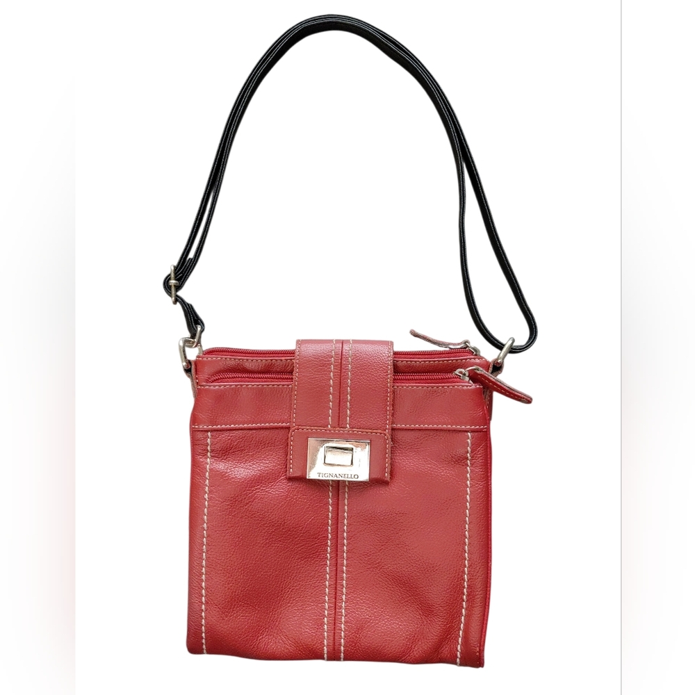 Tignanello  Crossbody Purse Leather Shoulder Bag 2 Compartments Red Burgundy